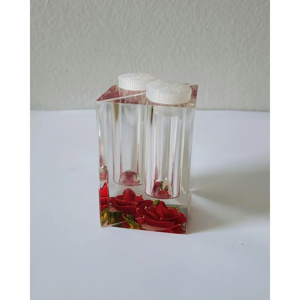 Vintage Clear Lucite Salt and Pepper Shakers Reverse Carved Red Roses Bircraft
